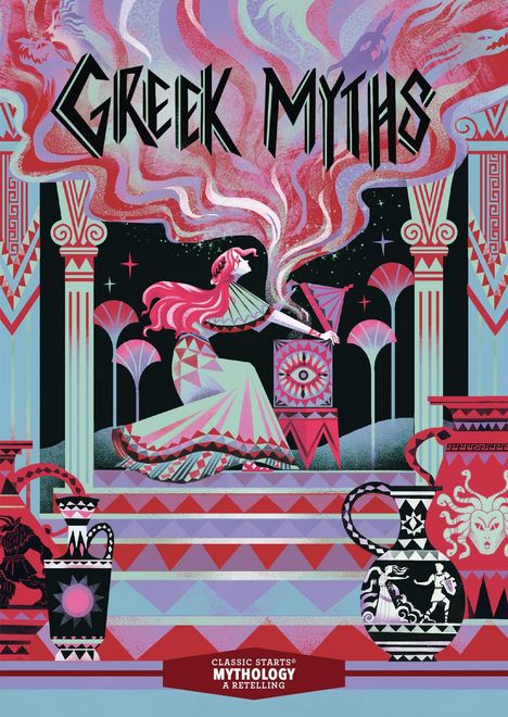 "Greek Myths" oben in gotischer Schrift. Darunter Frau mit langen Haaren und Rauch vor antiken Säulen, bunt gestaltet.