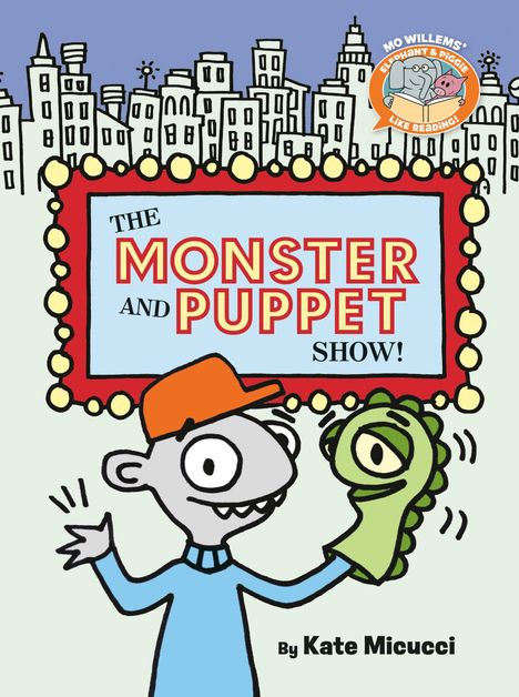 „The Monster and Puppet Show“ von Kate Micucci. Comic-Stil, Figur mit Mütze und Monsterhandpuppe vor Stadtsilhouette.