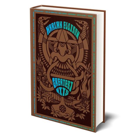 „HARLAN ELLISON GREATEST HITS“ in blauem Text. Aufwändige Zeichnung in braunen Tönen mit Schlangen und Blättern.