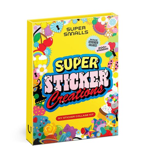Gelbe Verpackung mit Texten: "SUPER STICKER Creations", "DIY STICKER COLLAGE KIT", "SUPER SMALLS", "200+ STICKERS!", bunte Sticker.