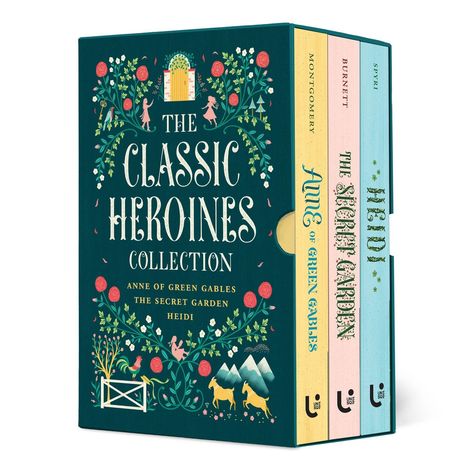 „The Classic Heroines Collection“: Anne of Green Gables, The Secret Garden, Heidi. Florale Muster und Symbole.