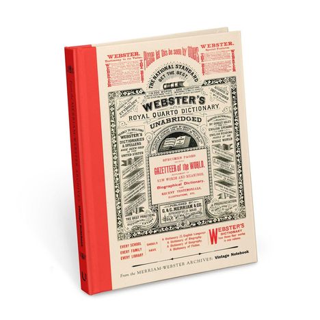 Das Cover zeigt "WEBSTER'S ROYAL QUARTO DICTIONARY", umgeben von Werbetexten. Die linke Seite des Covers ist rot.