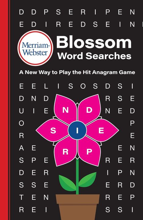 Merriam-Webster Blossom Word Searches. A New Way to Play the Hit Anagram Game. Illustration einer Blume in einem Topf.