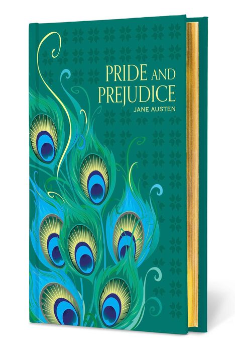 „Pride and Prejudice, Jane Austen.“ Grünes Buch mit Pfauenfedern und vergoldetem Schnitt.