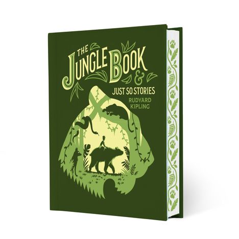 „The Jungle Book & Just So Stories Rudyard Kipling“. Illustration eines Jungen auf einem Bären im Dschungel.