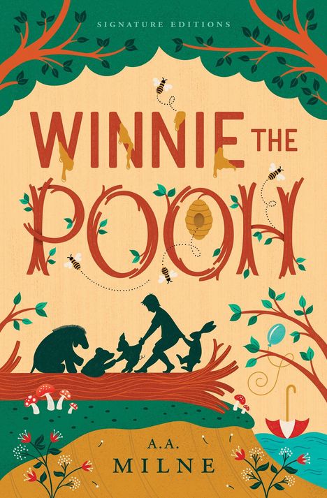 "Winnie the Pooh." Silhouetten von Tieren und einer Person auf einem Ast, Bienen, Honigwabe, blühende Pflanzen, Regenschirm.