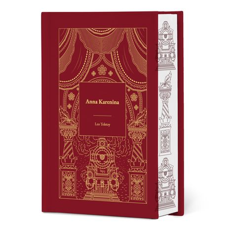 "Anna Karenina" von Leo Tolstoy. Rotes Buchcover mit goldenen, verzierten Zug- und Bühnenmotiven.