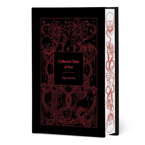 "Collected Tales of Poe" von Edgar Allan Poe. Schwarzer Einband mit roten Blumen, Raben und Schädeln als Verzierung.