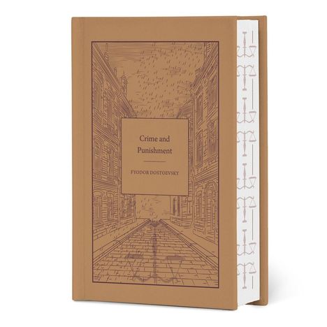 "Crime and Punishment", "Fyodor Dostoevsky". Buch mit Straßenszene und Waagenmuster an den Seitenkanten.