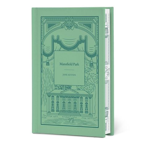 "Mansfield Park" von Jane Austen auf einem grünen Buchcover, verziert mit einem stilisierten Herrenhaus und Vorhängen.