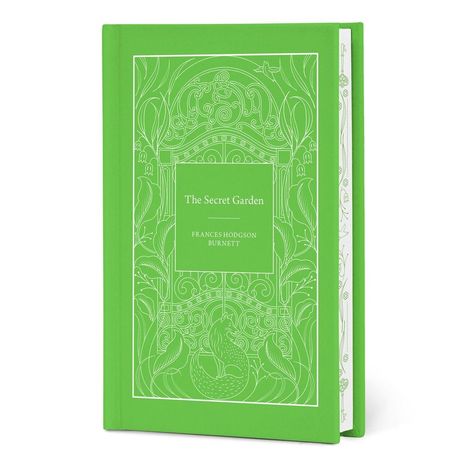 "The Secret Garden, Frances Hodgson Burnett." Grünes Buchcover mit weißen floralen und ornamentalen Mustern.