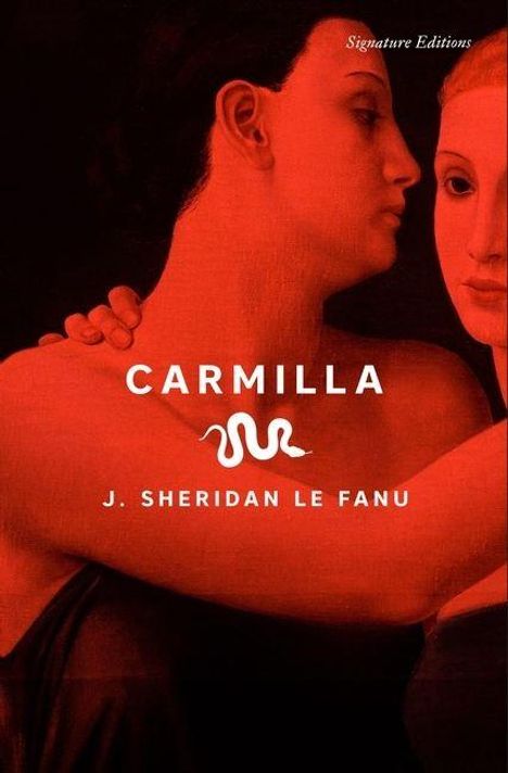 "Carmilla, J. Sheridan Le Fanu. Zwei Frauen in rotem Licht, eine hält die Schulter der anderen, elegant und geheimnisvoll."