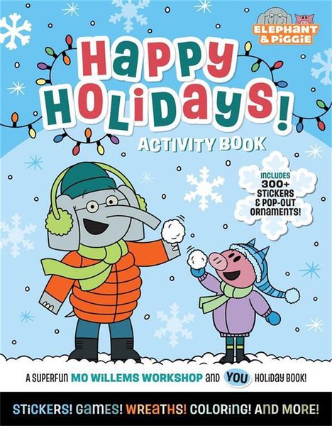 "Happy Holidays! Activity Book" steht oben. Zwei Cartoon-Figuren, ein Elefant und ein Schwein, spielen im Schnee.