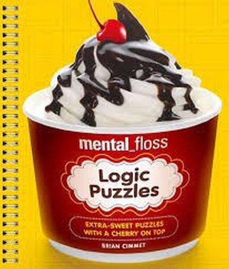 "mental_floss Logic Puzzles Extra-sweet puzzles with a cherry on top" Vor einem gelben Hintergrund ein Eisbecher mit Schokolade und Kirsche.