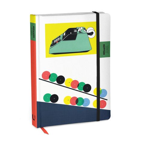 "Olivetti Studio Journal" auf grünem Hintergrund. Illustration einer Schreibmaschine und bunter Kugeln in diagonaler Anordnung.