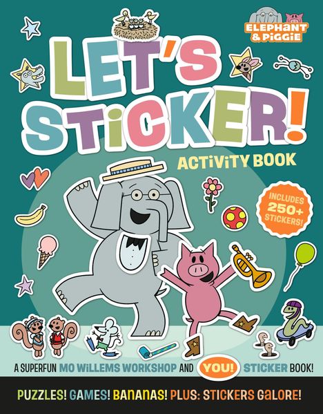 „LET'S STICKER!“ ist groß geschrieben. Ein elefant und ein Schwein freuen sich, umgeben von bunten Aufklebern.