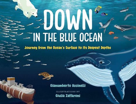 "DOWN IN THE BLUE OCEAN" steht in großer Schrift. Ein Wal schwimmt im Wasser, umgeben von Fischen und einem U-Boot.