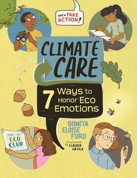 Texte: "ORCA TAKE ACTION!", "CLIMATE CARE", "7 Ways to Honor Eco Emotions", "Join the Eco Club". Illustrationen von Menschen.
