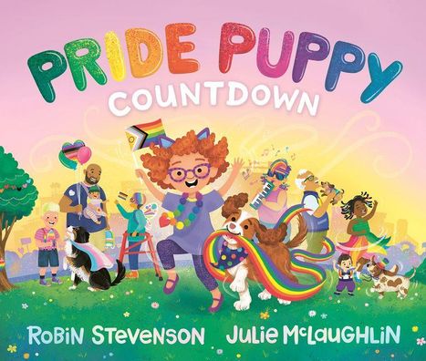 "Pride Puppy Countdown" in bunten Buchstaben. Menschen feiern mit Regenbogenflaggen und einem fröhlichen Hund.