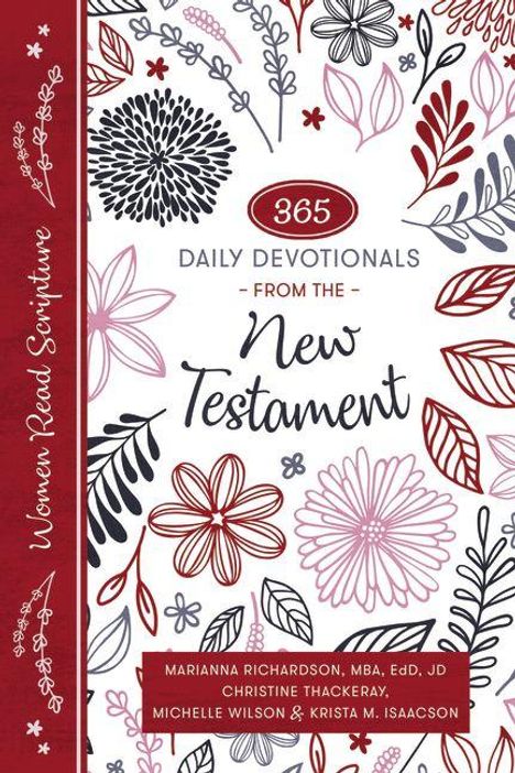 "365 Daily Devotionals from the New Testament." Florale Muster in Rot, Schwarz und Rosa, links roter Streifen mit Text.