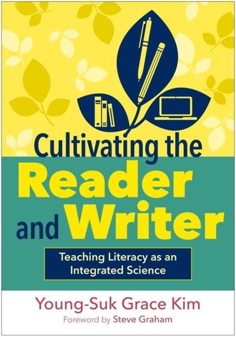 „Cultivating the Reader and Writer“, gelbes Blatt-Design, Buch, Laptop, Kugelschreiber, von Young-Suk Grace Kim.