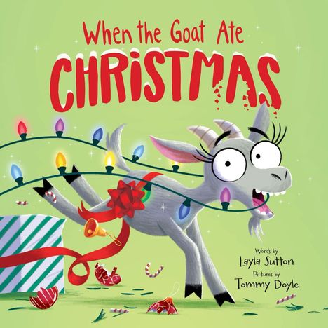 "When the Goat Ate Christmas". Eine fröhliche Ziege mit großen Augen, umwickelt mit bunten Lichtern und Geschenkband.