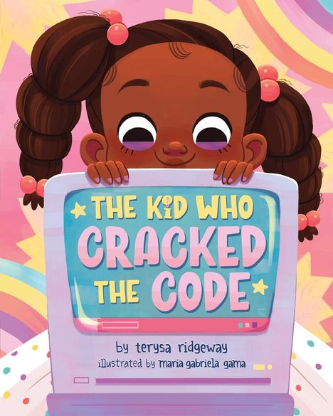 Ein lächelndes Kind schaut über einen Laptop-Bildschirm mit der Aufschrift "THE KID WHO CRACKED THE CODE". Buntes Hintergrunddesign.