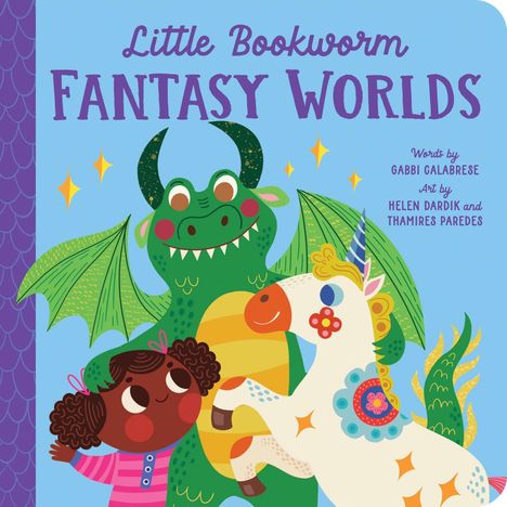 "Little Bookworm Fantasy Worlds" steht in lila Schrift. Illustration: Kind, grüner Drache, Einhorn umarmen sich.