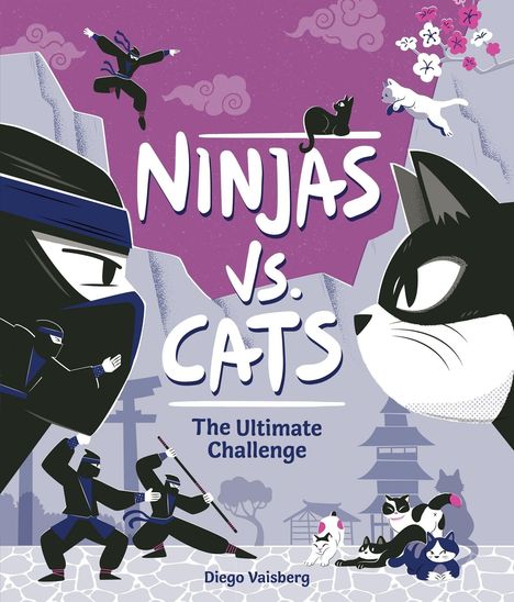 „NINJAS vs. CATS: The Ultimate Challenge“. Illustration: Ninjas, Katzen, Berge, Pagode, Wolken, Blüten.
