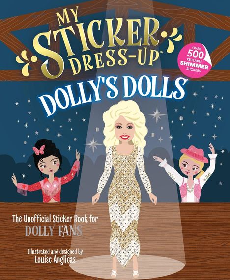 "My Sticker Dress-Up: Dolly's Dolls" über großen Figuren in Glitzerkleidung auf einer Bühne, Illustration für Dolly-Fans.