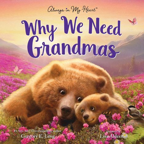 „Why We Need Grandmas“ – Zwei Bären in einer blühenden Wiese. Eine Schmetterling fliegt darüber.