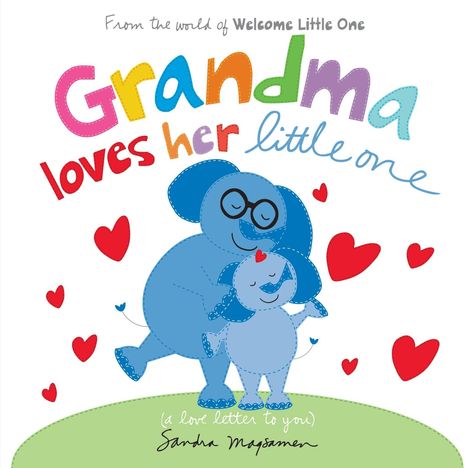 „Grandma loves her little one“ in bunten Buchstaben. Illustration: Zwei blaue Elefanten, umgeben von Herzen.