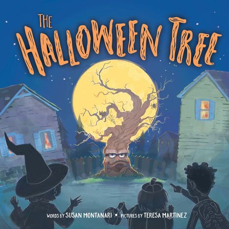 Titel: "The Halloween Tree". Illustration mit gruseligem Baum vor Vollmond, umgeben von verkleideten Kindern und Häusern.