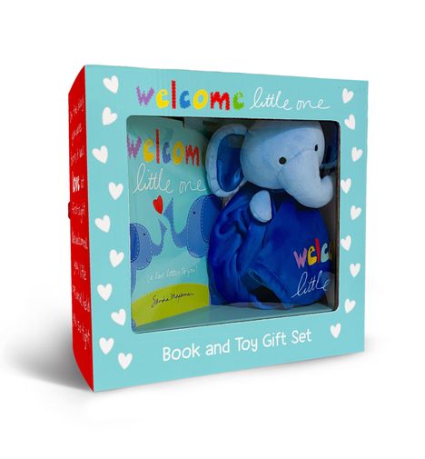 "Welcome little one" steht mehrfach auf einer Geschenkverpackung mit einem Stoffelefanten und Buch, verziert mit Herzen.