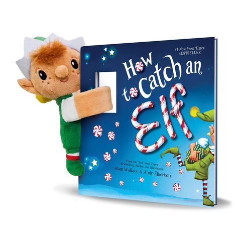 Buchtitel: "How to Catch an Elf". Ein Stoffelf hält das Buch, umgeben von kleinen, runden Süßigkeiten.