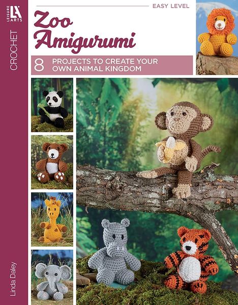 Titel: Zoo Amigurumi. 8 Projects to create your own animal kingdom. Illustration von gehäkelten Tieren auf Ästen.