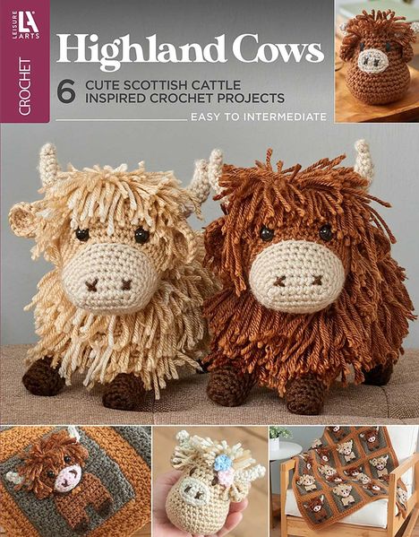 "Highland Cows: 6 Cute Scottish Cattle Inspired Crochet Projects. Easy to Intermediate." Gehäkelte Kühe und Accessoires.
