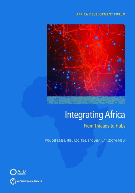 "I n t e g r a t i n g  A f r i c a" Text über Afrikakarte. Illustrative, rote Netzstruktur rechtsoben.