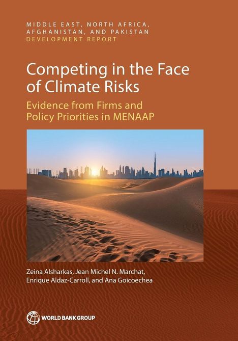 "Competing in the Face of Climate Risks" zeigt Wüstenlandschaft mit Skyline im Hintergrund. Autoren: Zeina Alsharkas, Jean Michel N. Marchat.