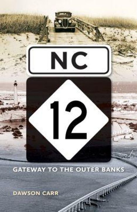 NC 12, Gateway to the Outer Banks, Dawson Carr. Vintage Auto auf Brücke; Küstenlandschaft im Hintergrund.