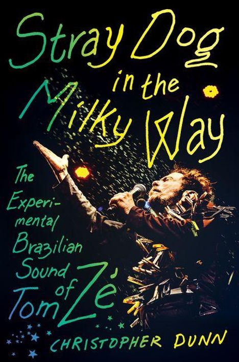 "Stray Dog in the Milky Way" in bunten Schriftarten. Musiker mit Mikrofon, expressiver Auftritt. Name: Christopher Dunn.