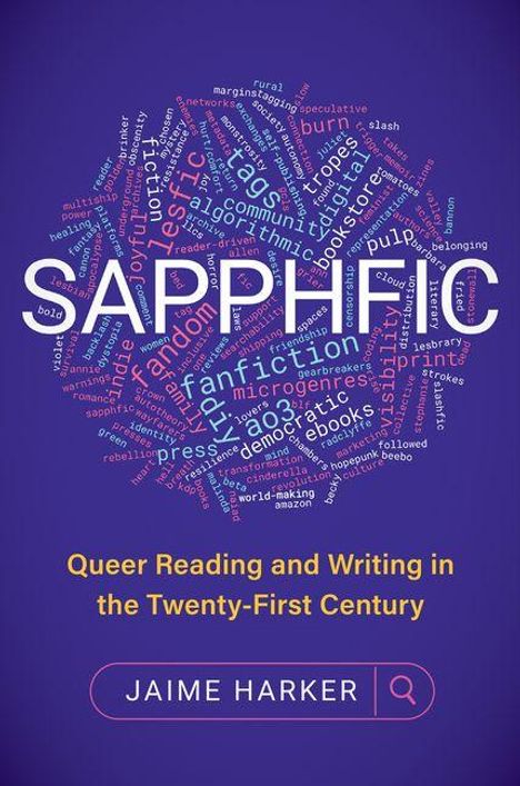 „SAPPHIC“ in großen Buchstaben, umgeben von kleineren LGBTQ+-Begriffen. Unten: „Queer Reading and Writing in the Twenty-First Century“, „JAIME HARKER“.