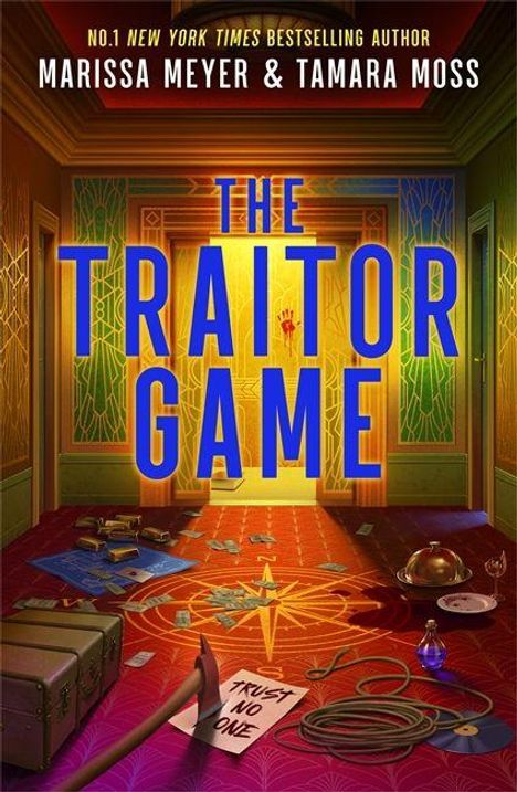"THE TRAITOR GAME" in großen Buchstaben. Untertitel: "Trust no one". Ein roter Raum mit verstreuten Gegenständen.