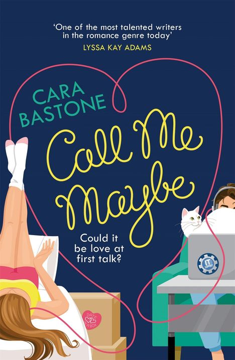 „Call Me Maybe“, „Cara Bastone“. Illustration: Frau mit Kopfhörern liegend, Mann mit Katze am Laptop, blauem Hintergrund.