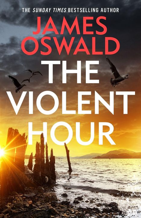 Text: „JAMES OSWALD THE VIOLENT HOUR“. Abendstimmung am Strand, angespültes Holz, fliegende Vögel, untergehende Sonne.