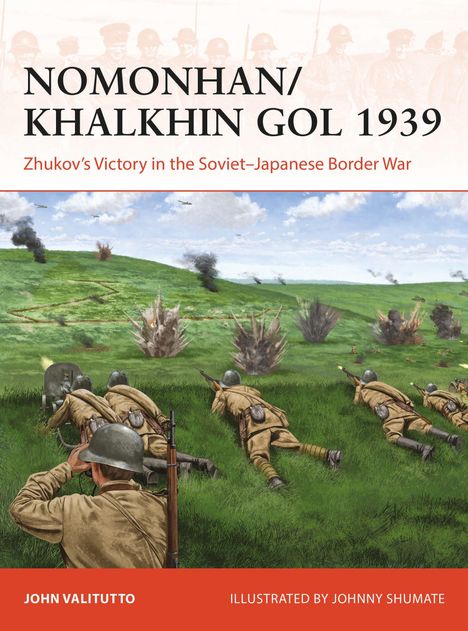 "Nomonhan/Khalkhin Gol 1939" zeigt Soldaten in Uniformen, die im Gras kriechen. Explosionen sind im Hintergrund zu sehen.