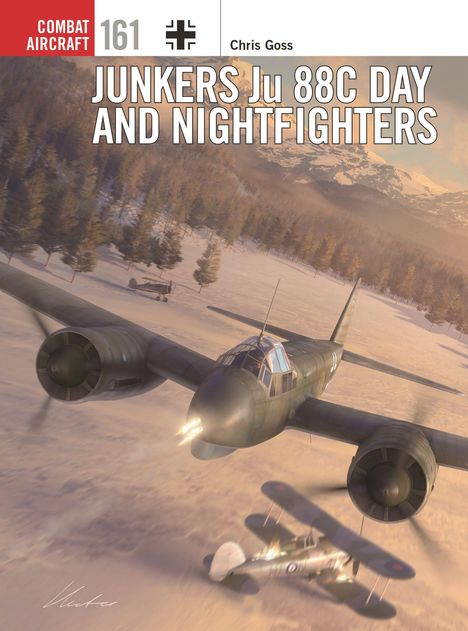 "JUNKERS Ju 88C DAY AND NIGHTFIGHTERS" steht über einem Flugzeug in winterlicher Landschaft.