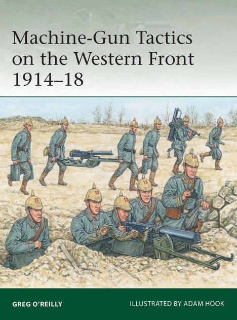 Maschinengewehr-Taktiken an der Westfront 1914–18. Illustration: Soldaten in Gräben mit Gewehren und Ausrüstung.