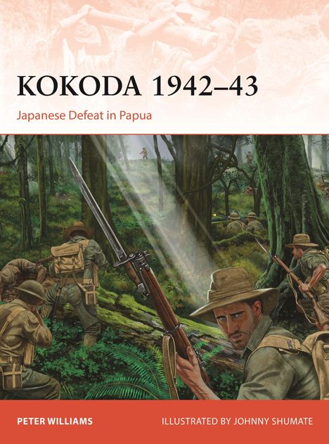 „KOKODA 1942–43: Japanese Defeat in Papua“. Illustration von Soldaten im Dschungel, mit Gewehren bewaffnet.