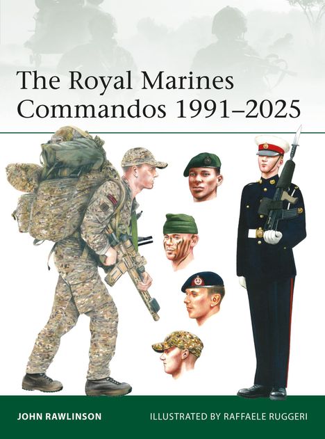 "The Royal Marines Commandos 1991-2025" | Soldaten in Uniform und Tarnkleidung, Illustrationen verschiedener Ausrüstungen.
